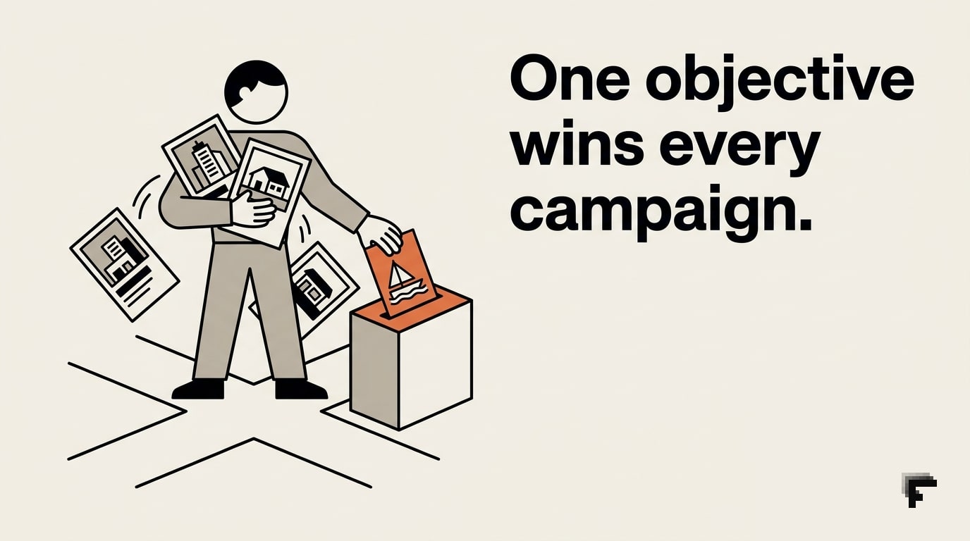 Marketer at crossroads holds four property cards, places orange-accented card into ballot box while others fall away