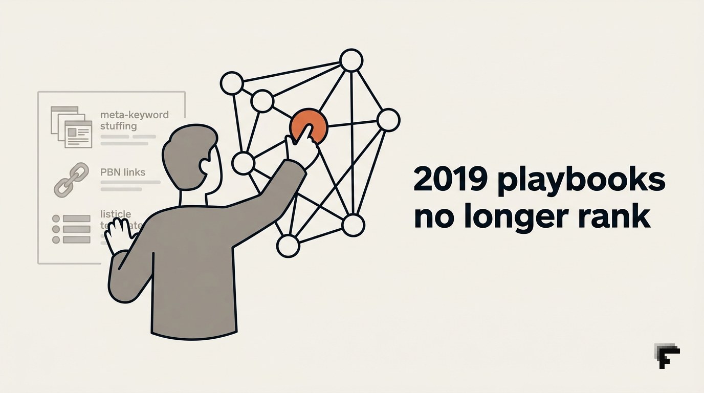 Figure reaching from faded 2019 SEO tactics toward glowing orange node in interconnected network