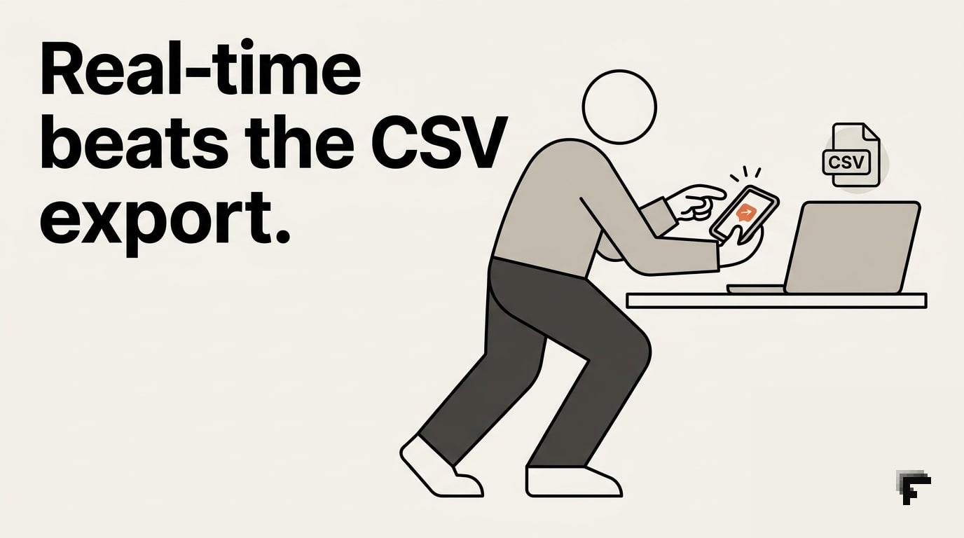 Figure at desk reaching toward glowing smartphone with orange notification badge, laptop with CSV icon turned away