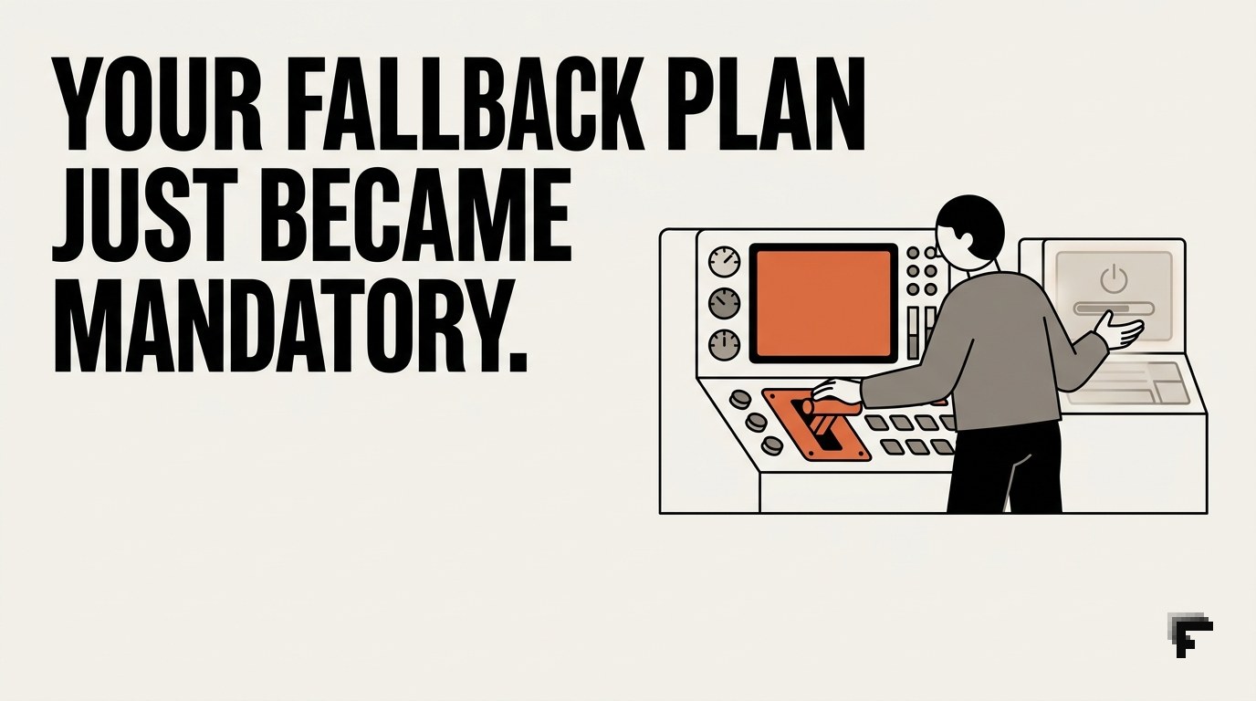 Person at control panel hitting red emergency shutoff switch, backup server console glowing unused behind them