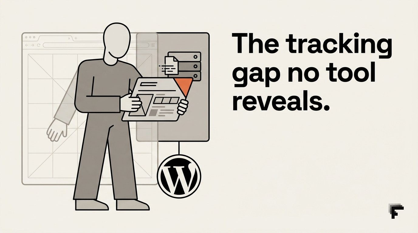 Figure holding diagnostic card between transparent browser layer and solid server-side layer, with WordPress icon below