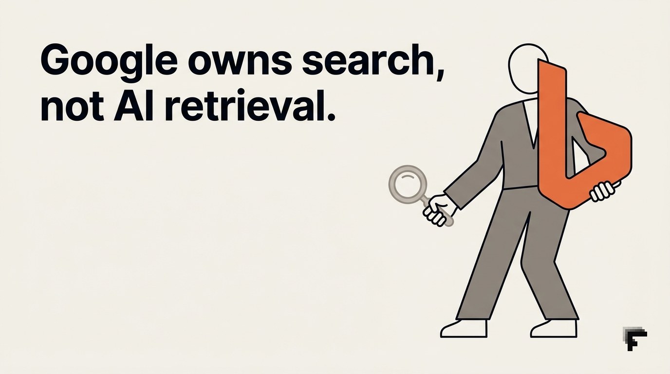 Figure holding dimmed Google Search icon and bright Bing icon, leaning toward Bing with orange accent