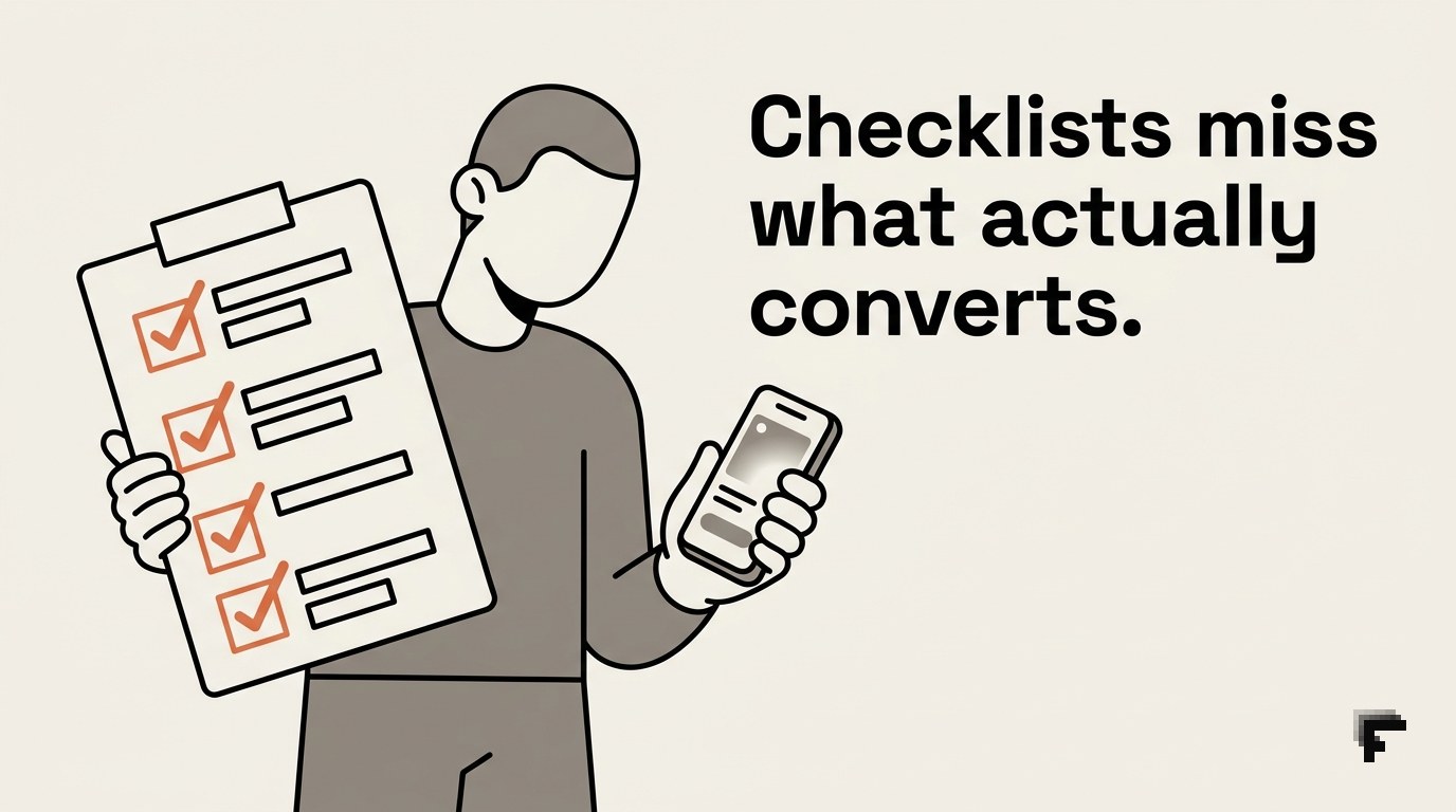 Person holding clipboard with orange checkbox while looking down at smartphone in hand