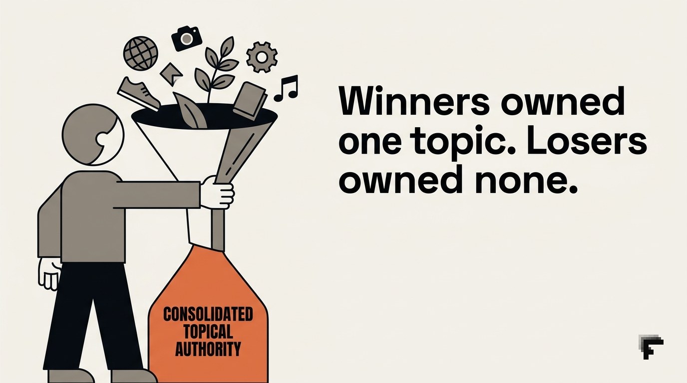 Figure holding funnel, pushing scattered topics downward into single focused orange section at base